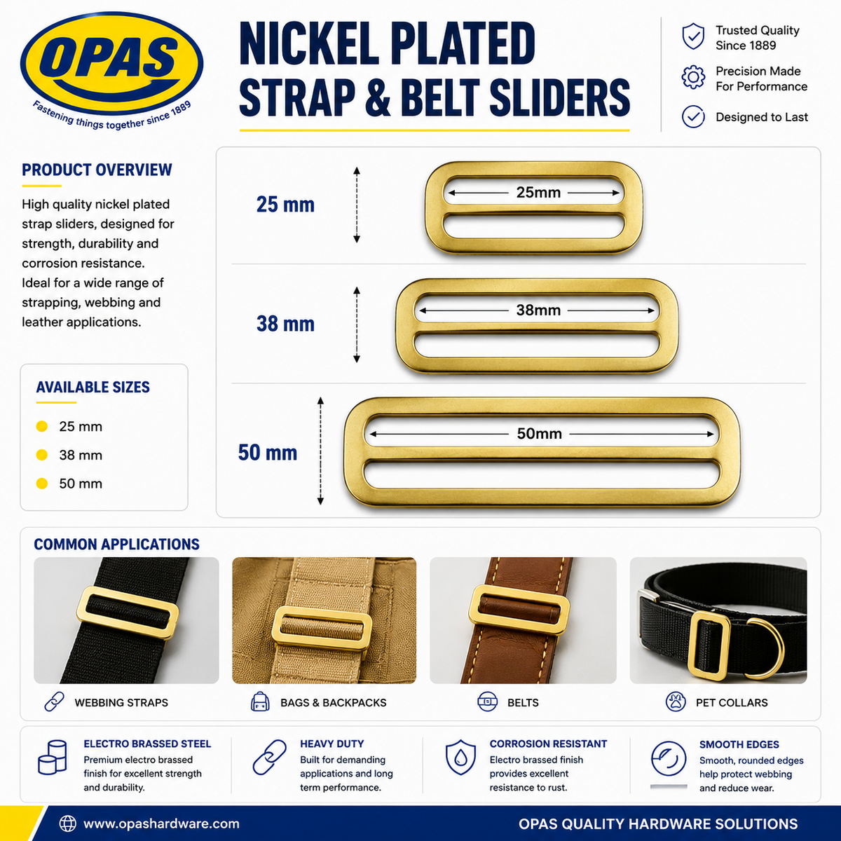 Electro Brassed Strap & Belt Slide – 25mm, 38mm & 50mm