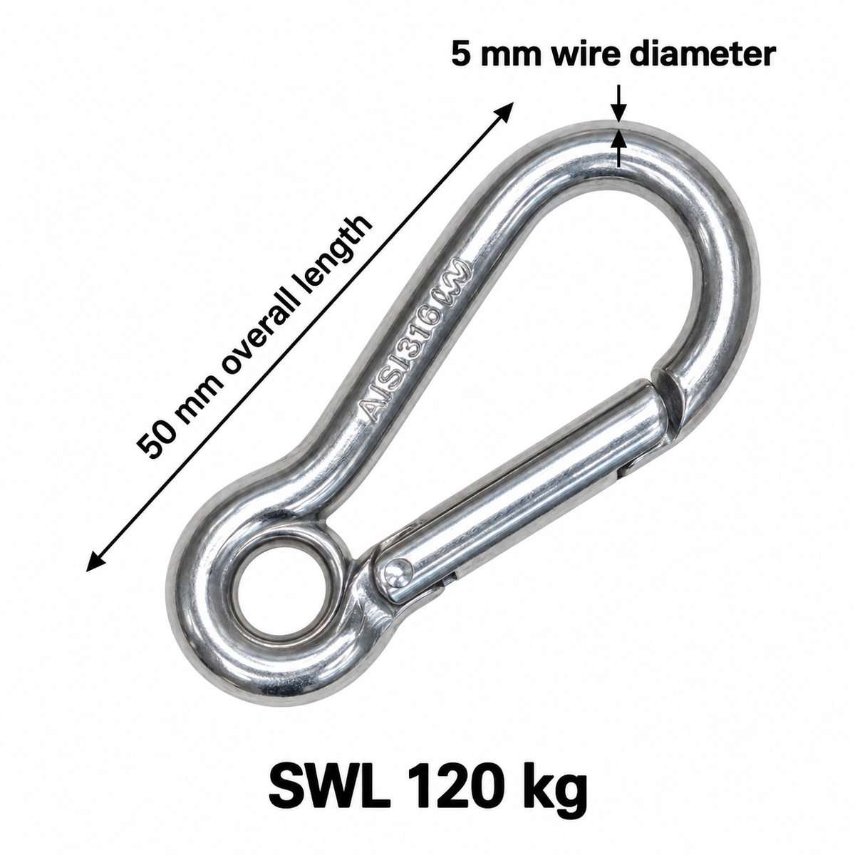Carabiner Hook with Enclosed Eye - Tested - Anti-Snagging - AISI 316 Stainless Steel
