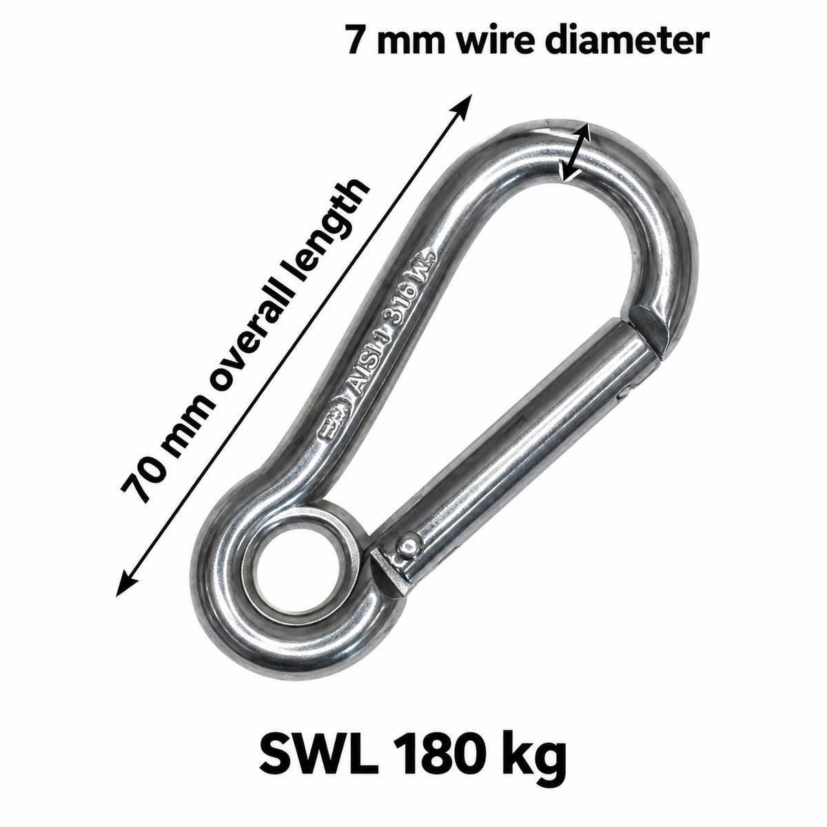 Carabiner Hook with Enclosed Eye - Tested - Anti-Snagging - AISI 316 Stainless Steel