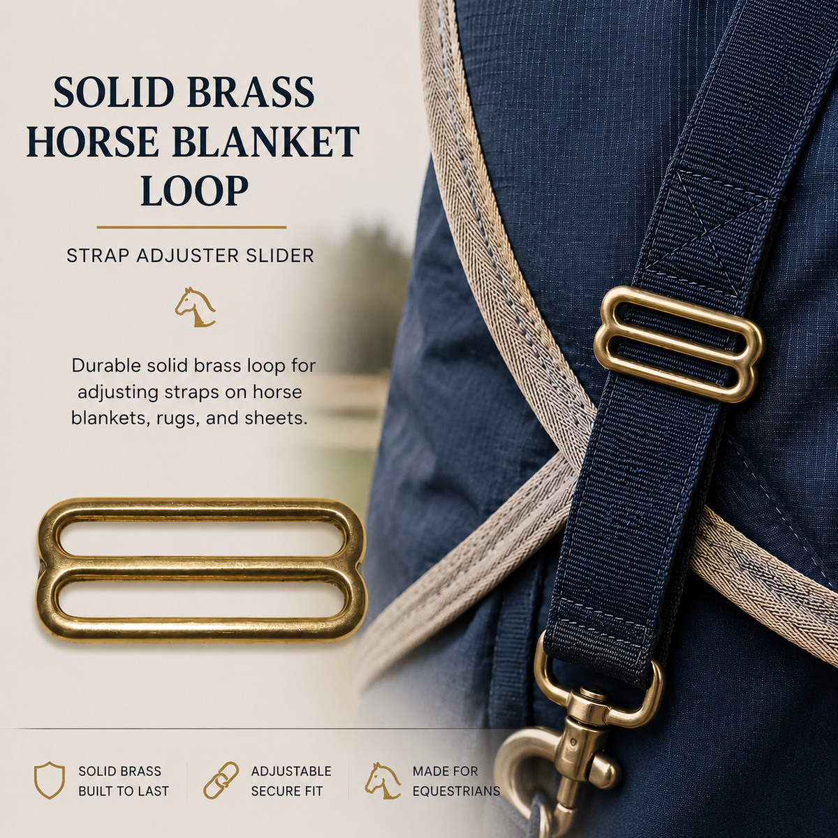 Solid Brass Horse Blanket Loop | Strap Adjuster Slider | Made in Italy