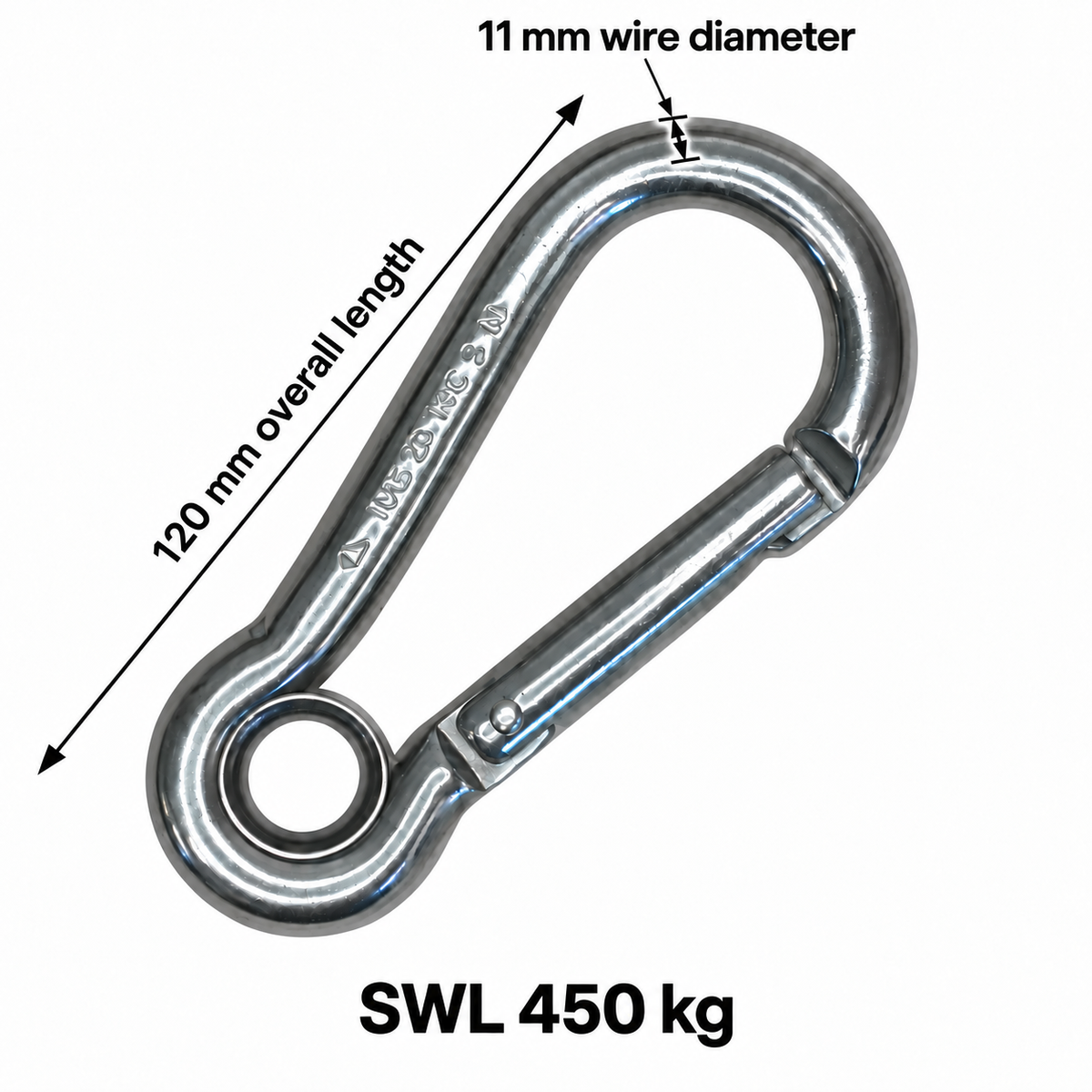 Carabiner Hook with Enclosed Eye - Tested - Anti-Snagging - AISI 316 Stainless Steel