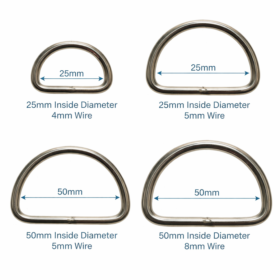 Welded Stainless Steel 'D' Ring - Multiple Sizes Available