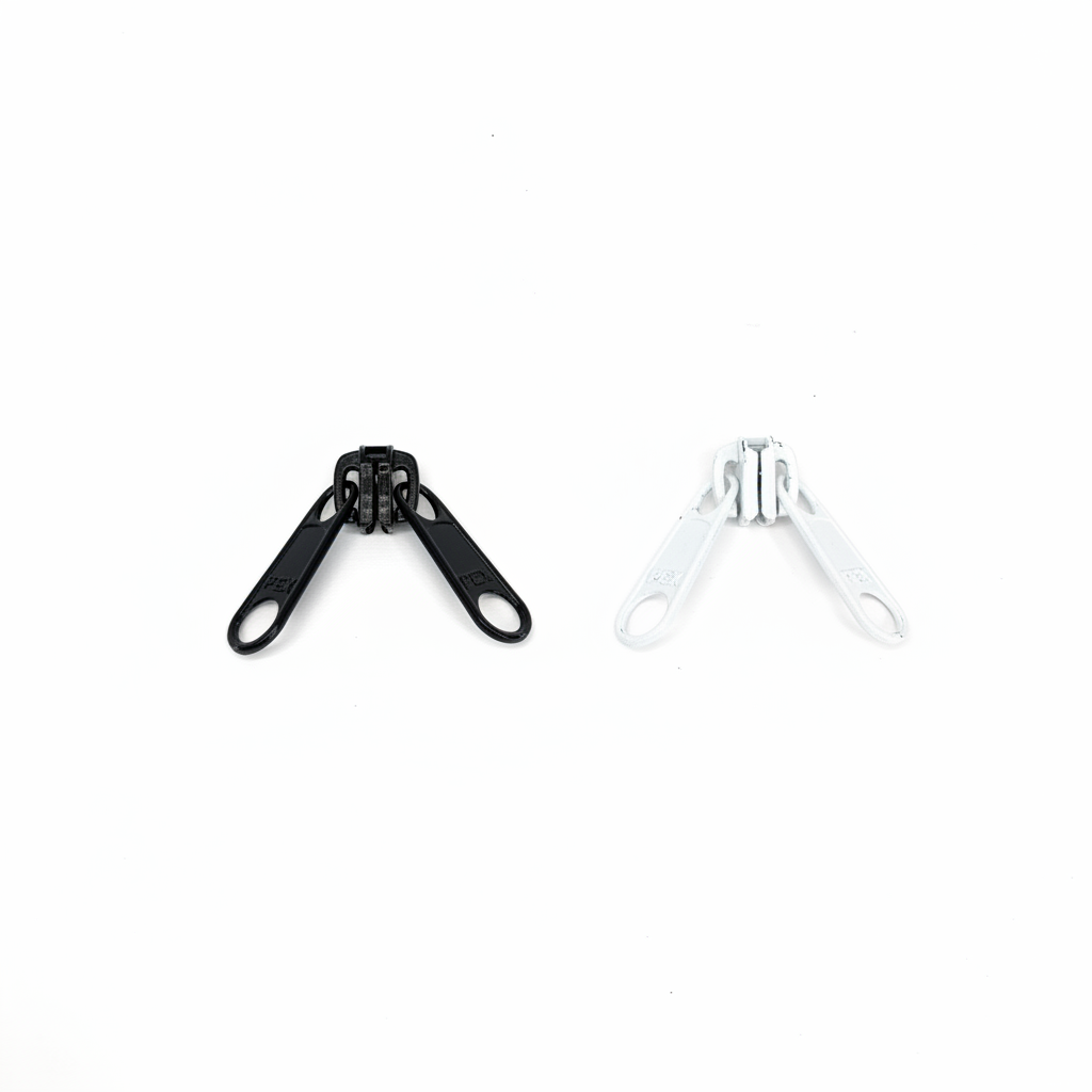 Black and white zip sliders with white background