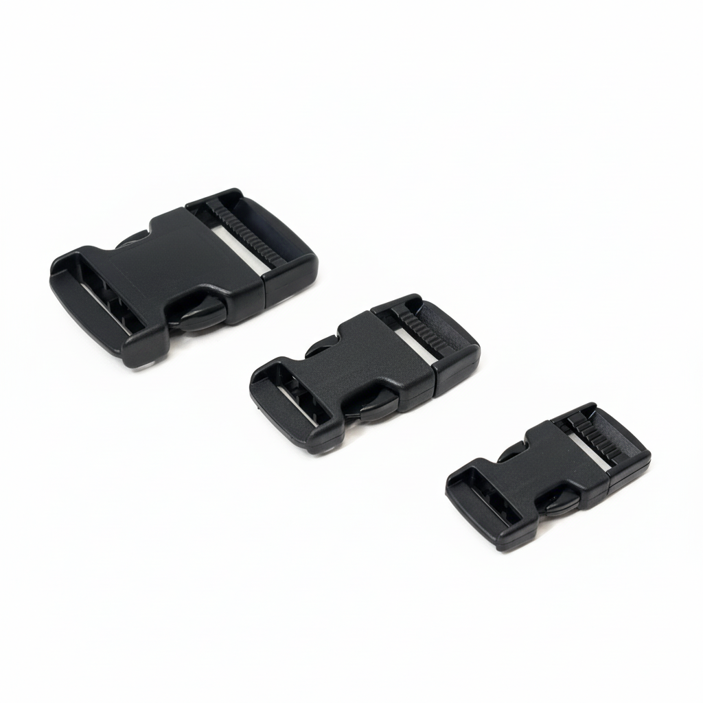 Black Side Release Buckles 3 Sizes Brilliant White Background