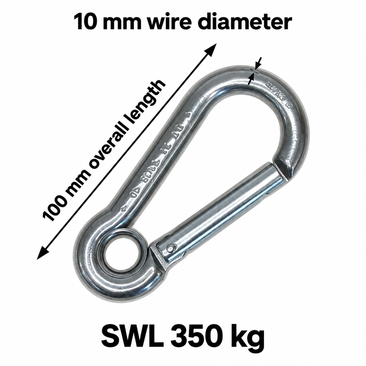 Carabiner Hook with Enclosed Eye - Tested - Anti-Snagging - AISI 316 Stainless Steel