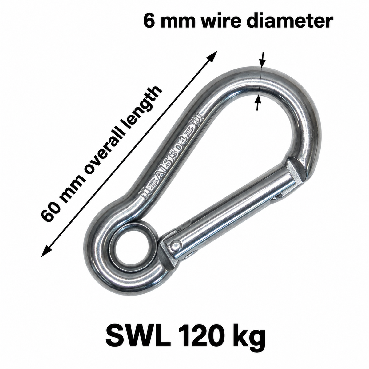 Carabiner Hook with Enclosed Eye - Tested - Anti-Snagging - AISI 316 Stainless Steel