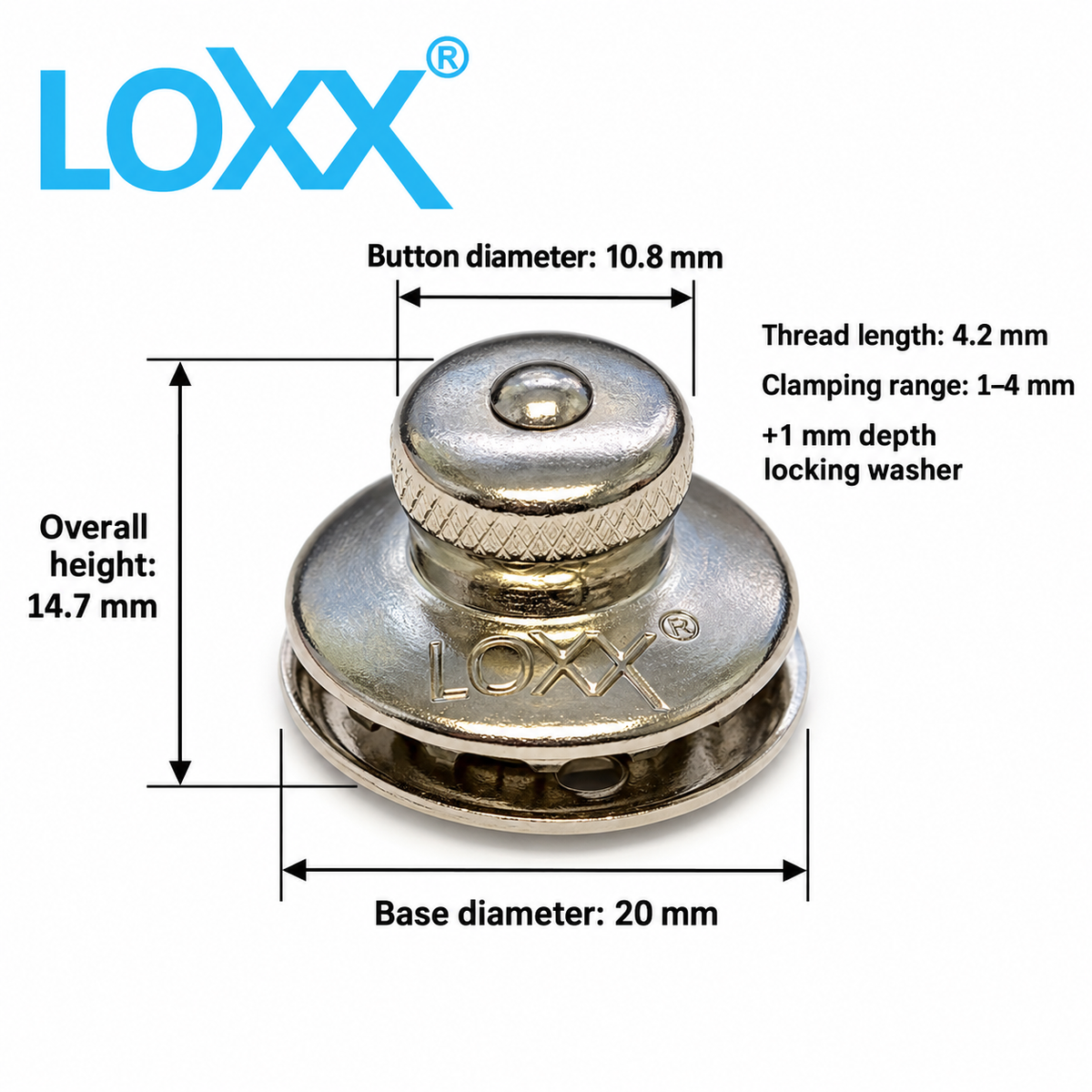 LOXX® Knurled Top Button with +1 mm Depth Locking Washer – Nickel-Plated Brass LOX02N