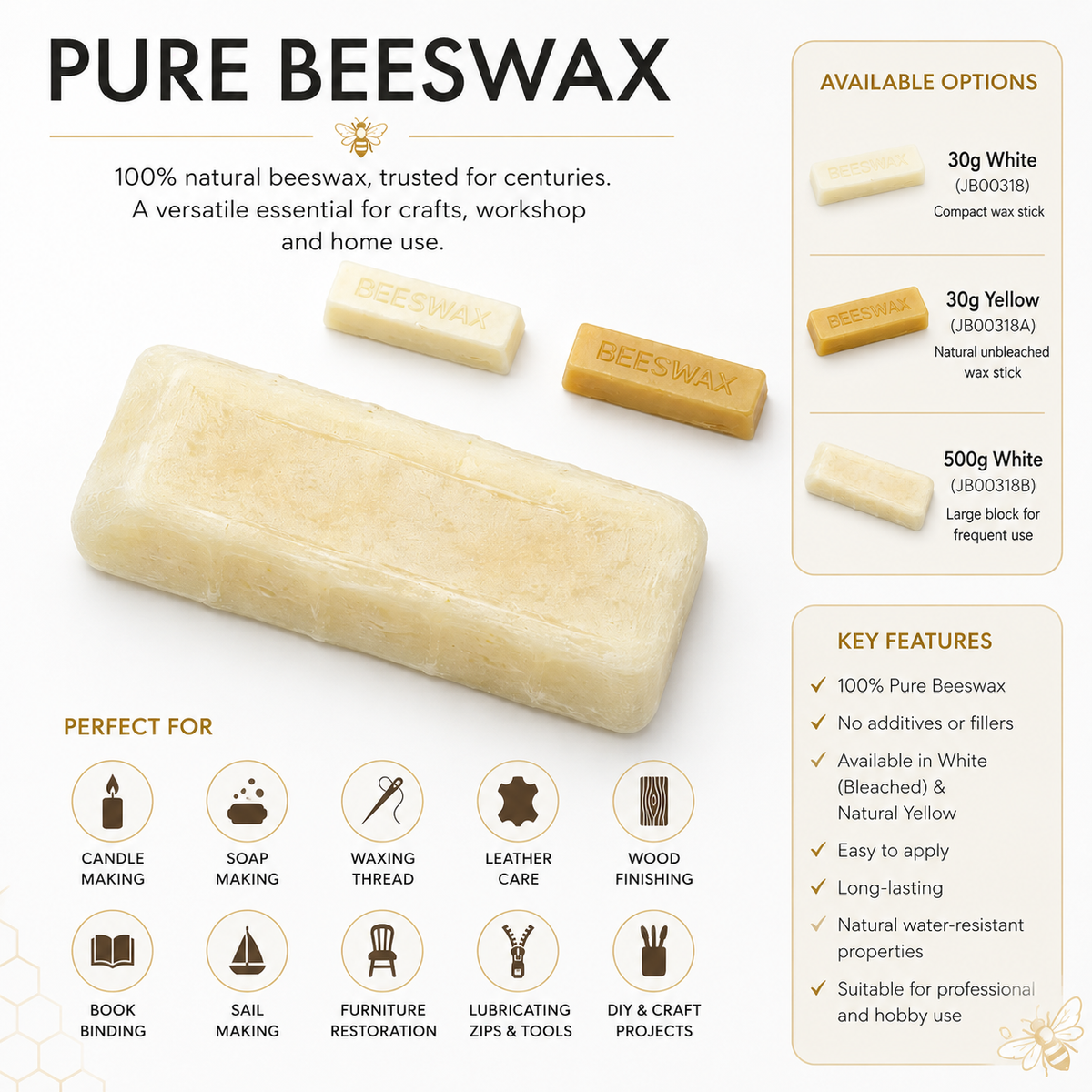Pure Beeswax | White & Yellow | 30g Stick or 500g Bar | Sailmaking & Leather Craft