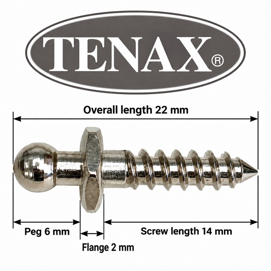 TENAX® Standard Wood Screw Stud – Nickel-Plated Brass, 22 mm Overall Length