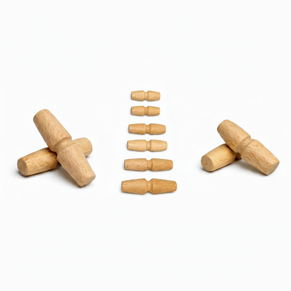 Wooden toggles and barrel toggles arranged on white background