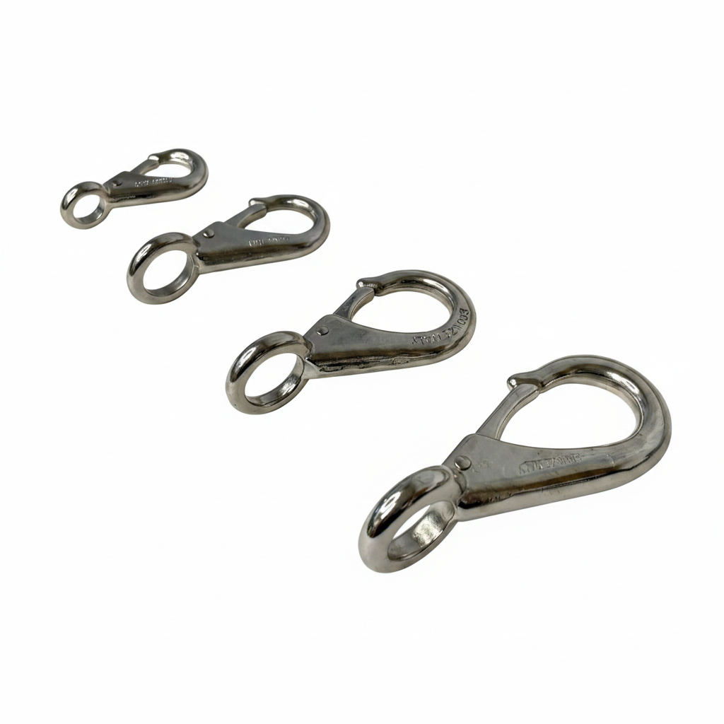 Four stainless steel snap hooks in diagonal arrangement on brilliant white background