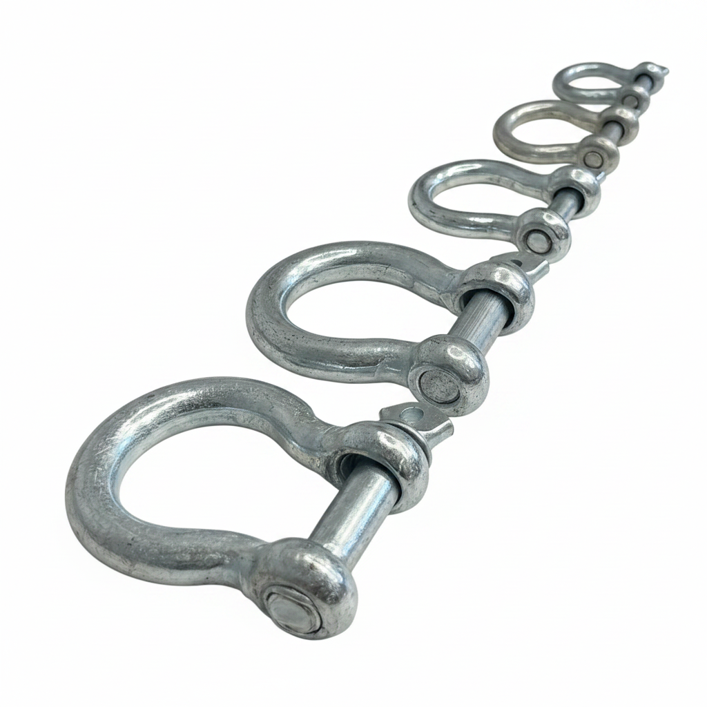 Galvanised steel bow shackles with screw pins in six sizes on brilliant white background