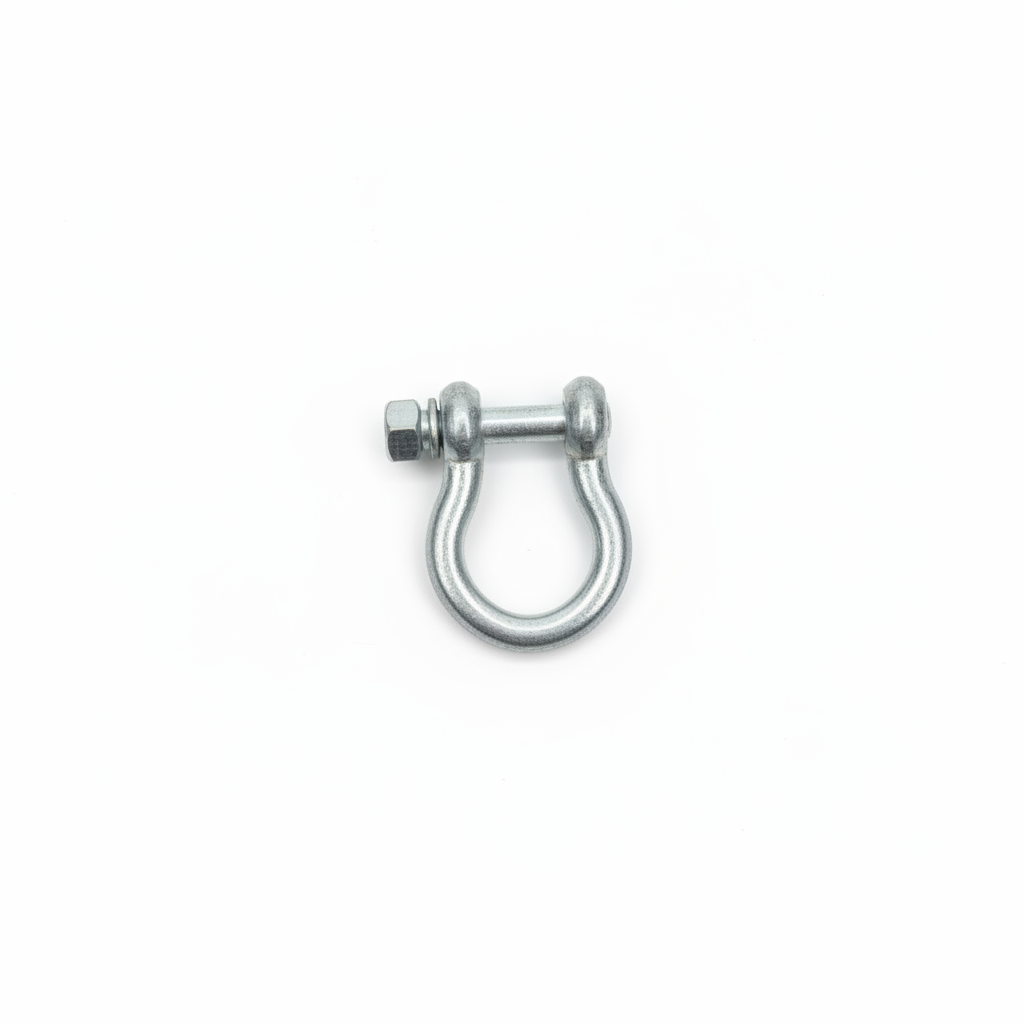 Small galvanised steel bow shackle with hex nut screw pin on brilliant white background