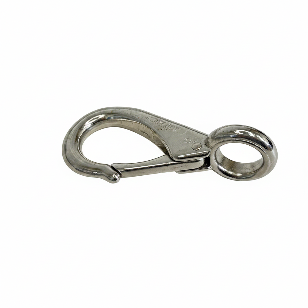Single large stainless steel fixed eye snap hook on brilliant white background
