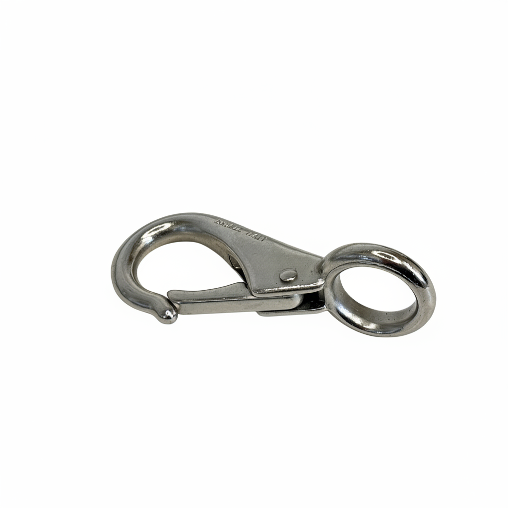 Single stainless steel fixed eye snap hook on brilliant white background