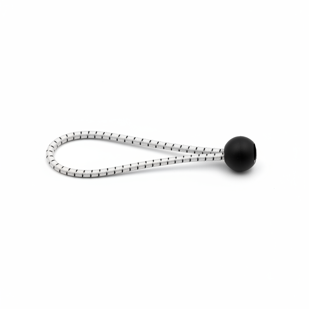Black ball bungee cord centred on brilliant white background