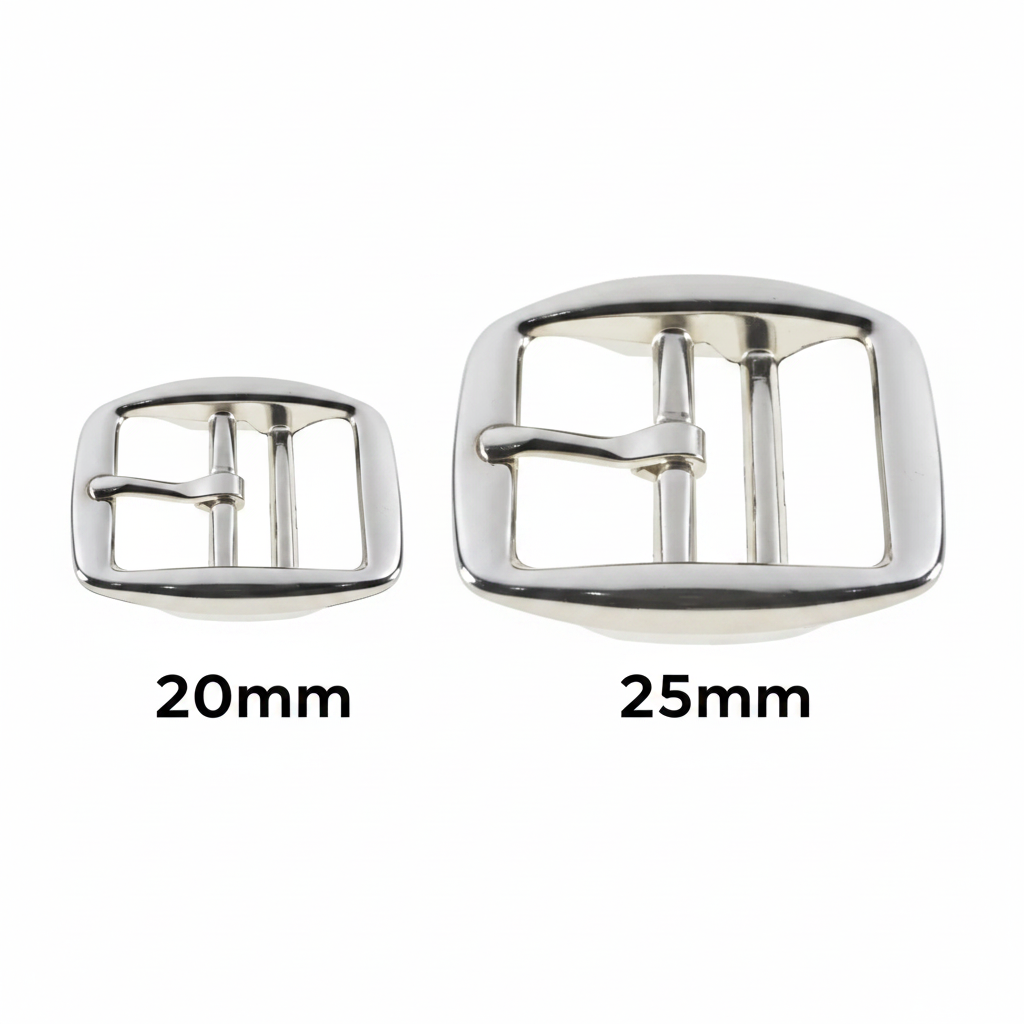 Polished nickel frame buckles 20mm and 25mm on white background