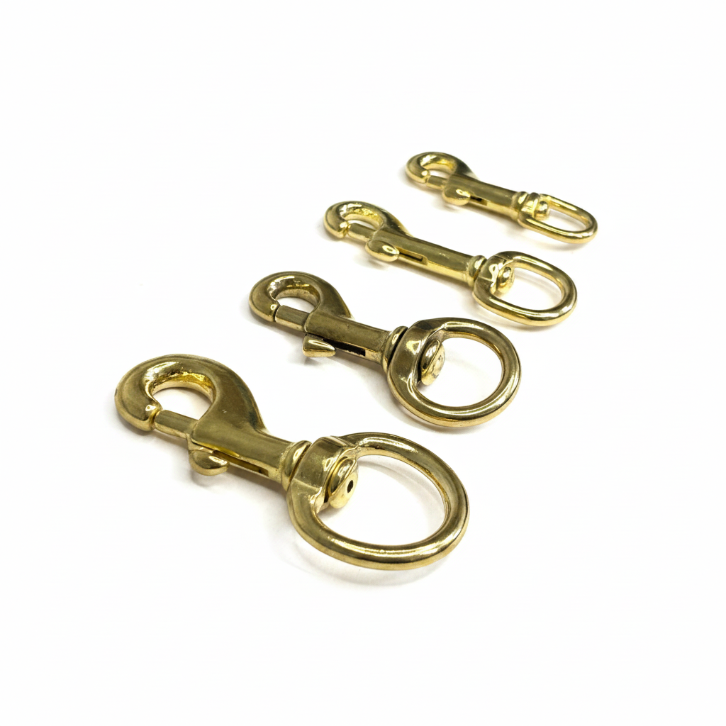 Brass swivel snap hooks on brilliant white background