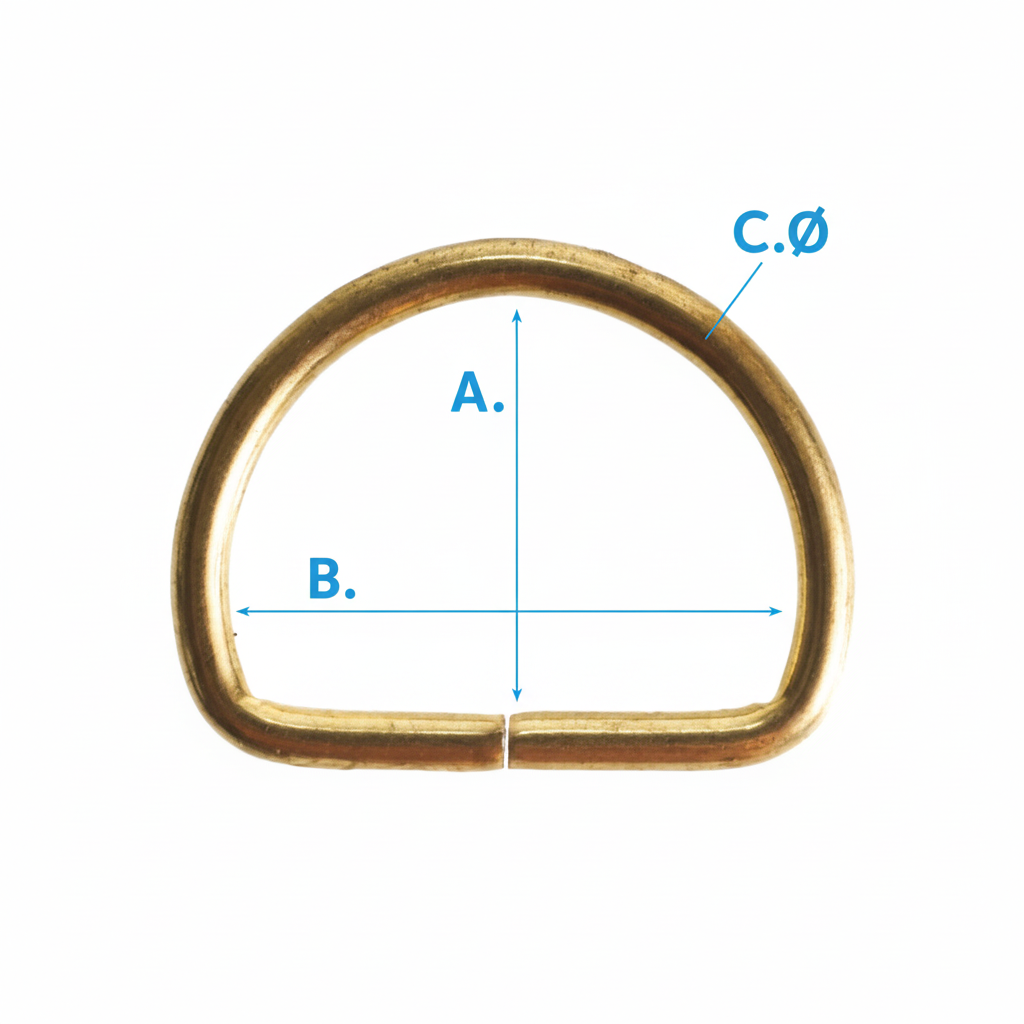 D-ring dimensions diagram showing height, width and wire diameter