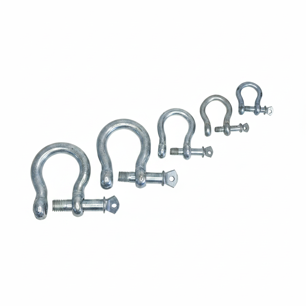 Galvanised steel bow shackles with screw pins in five sizes on brilliant white background