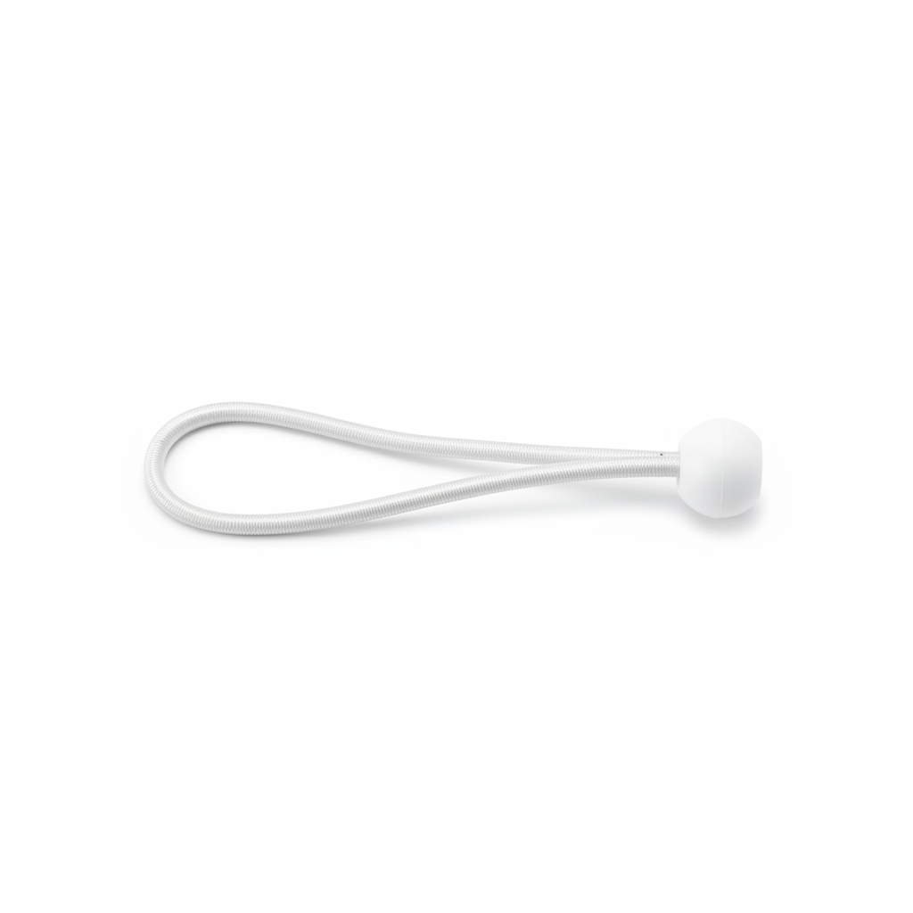 White ball bungee cord centred on brilliant white background
