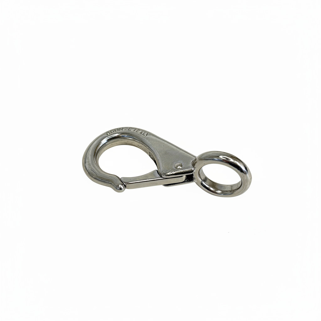 Single stainless steel fixed eye snap hook on brilliant white background