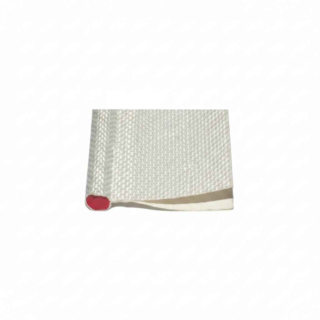 White woven canvas fabric roll with red colour indicator on white background