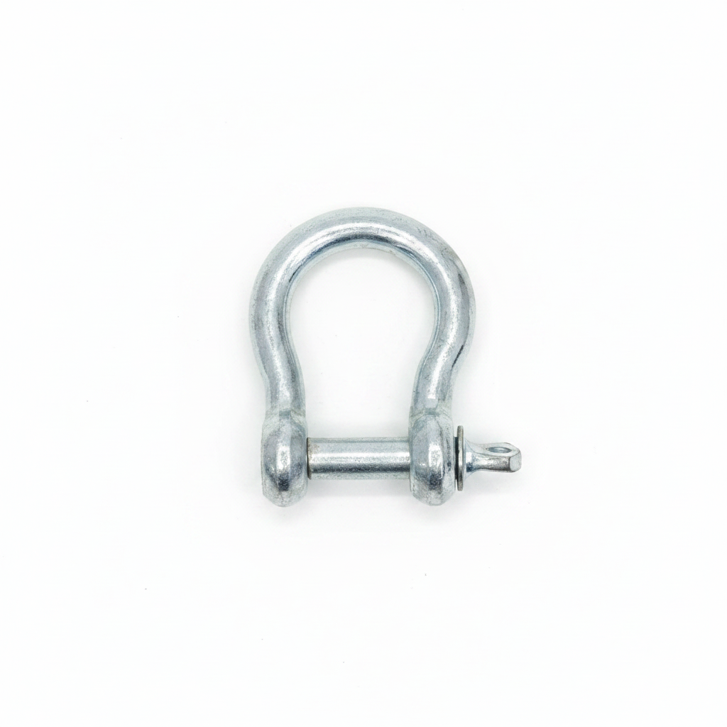 Galvanised steel bow shackle with screw pin front view on brilliant white background