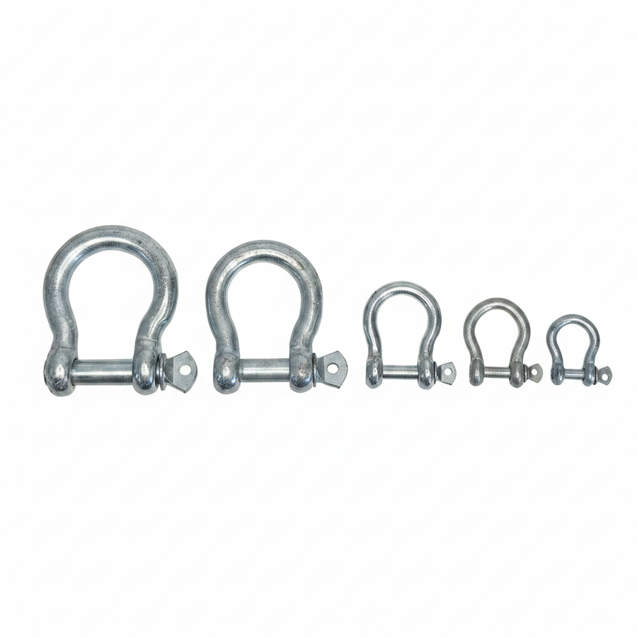 Galvanised steel bow shackles in five sizes on brilliant white background