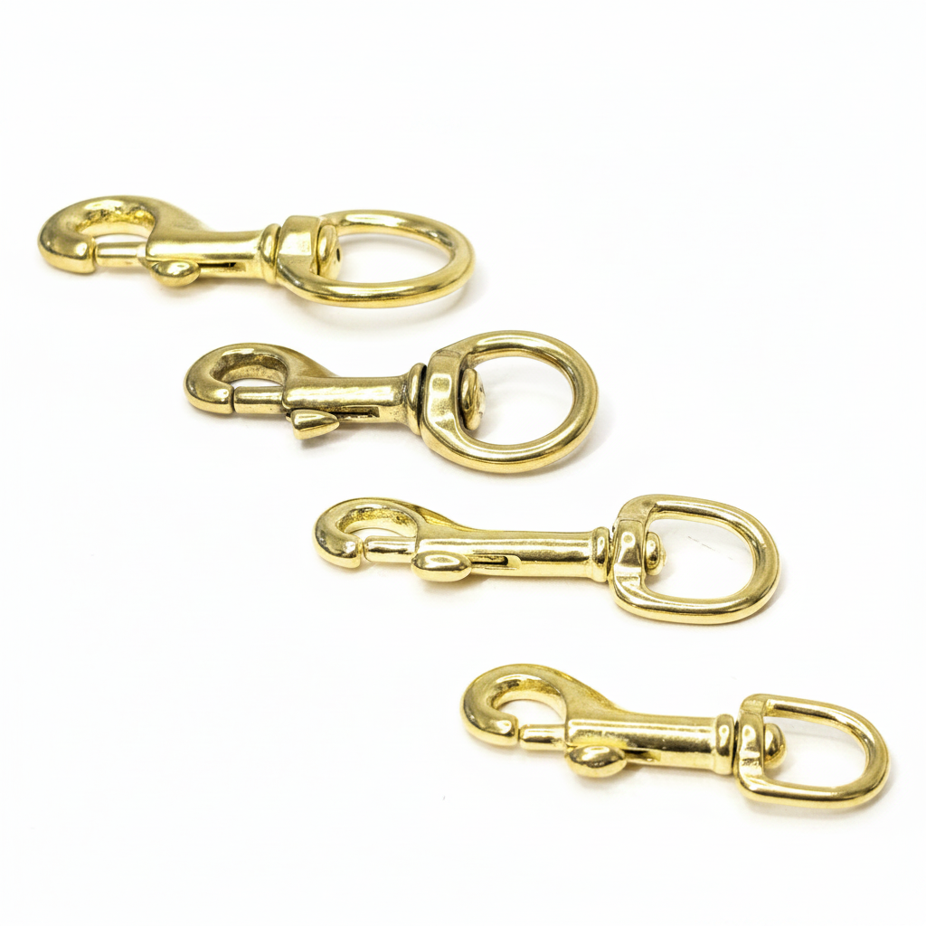 Brass swivel snap hooks on brilliant white background