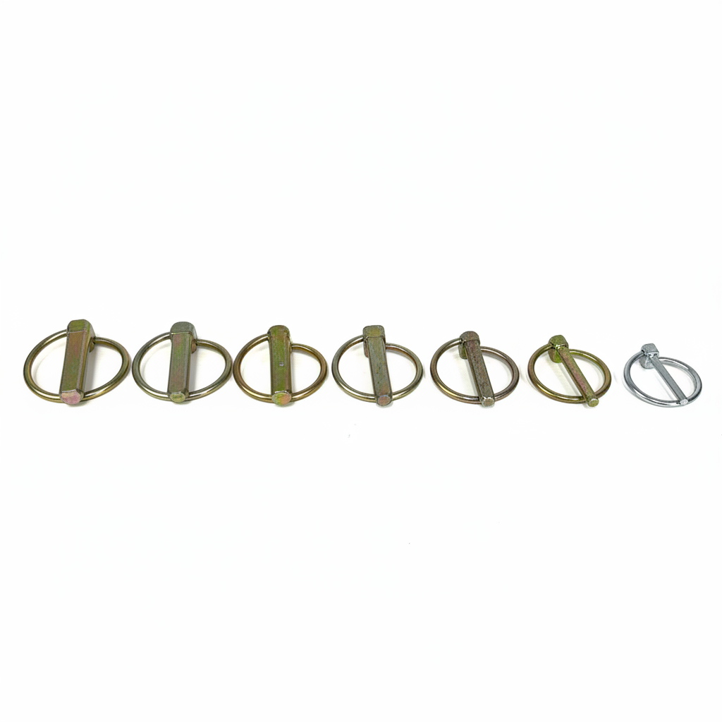 Linch pins seven sizes row view on brilliant white background