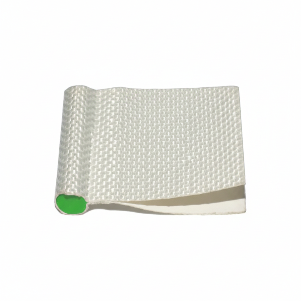 White woven canvas fabric roll with green colour indicator on white background