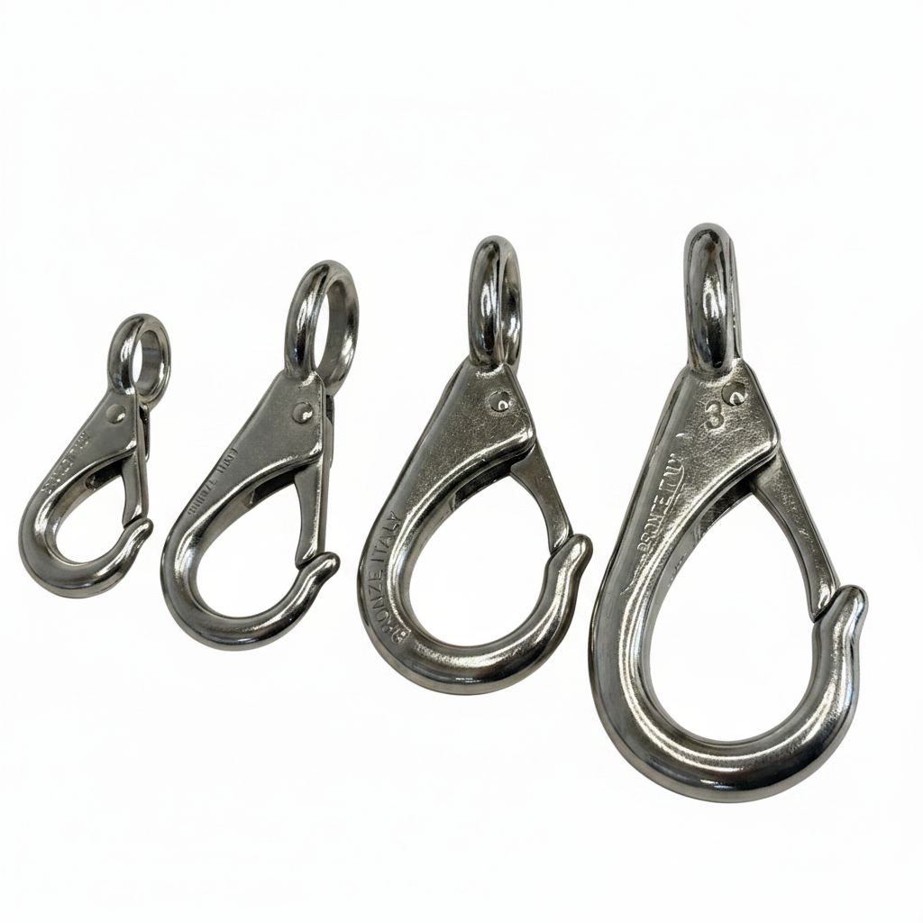 Four stainless steel fixed eye snap hooks on brilliant white background