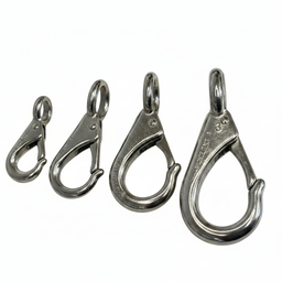 Four stainless steel fixed eye snap hooks on brilliant white background