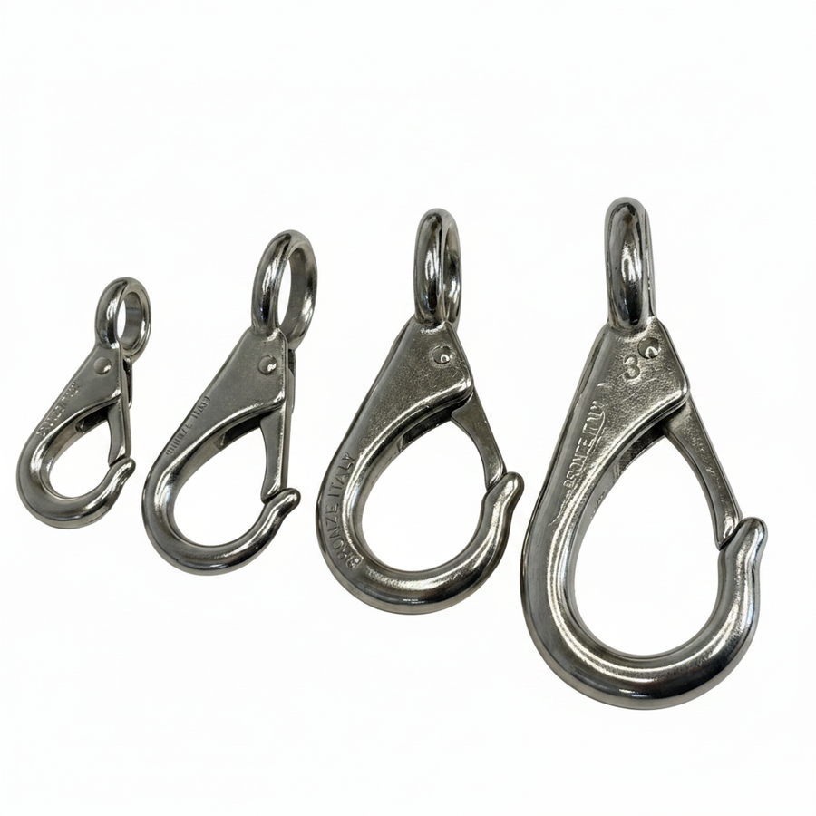 Four stainless steel fixed eye snap hooks on brilliant white background