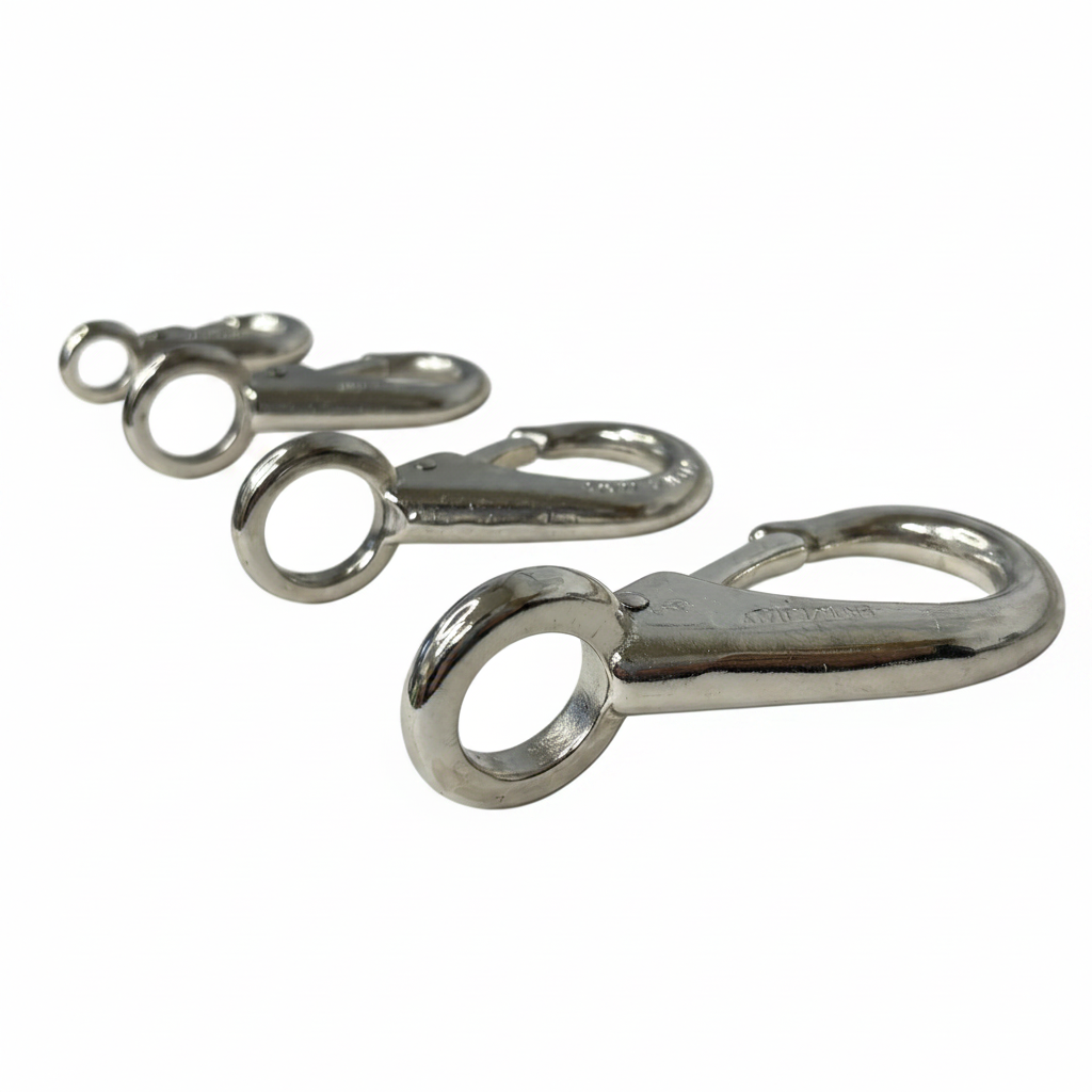 Three stainless steel fixed eye snap hooks in cascading diagonal arrangement on brilliant white background