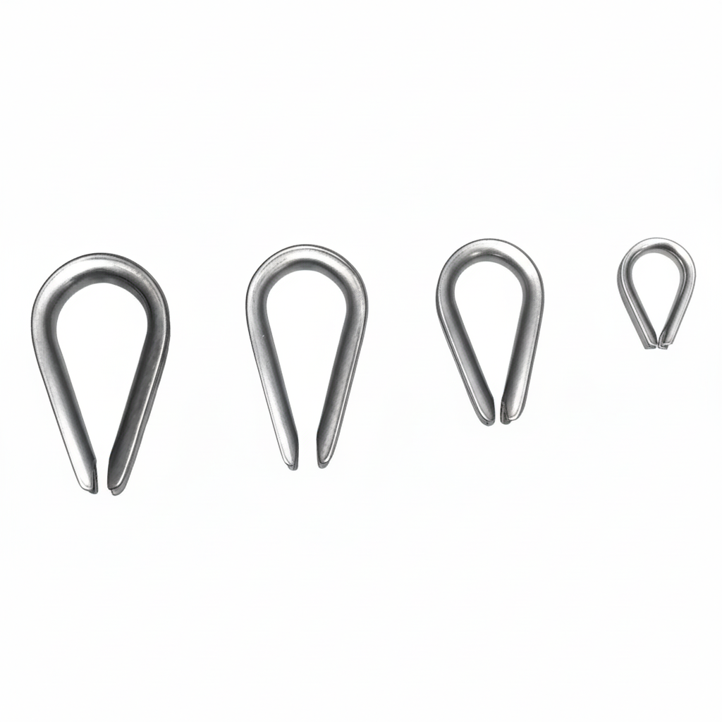 Four stainless steel wire rope thimbles in different sizes on brilliant white background