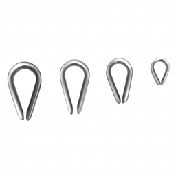 Four stainless steel wire rope thimbles in different sizes on brilliant white background