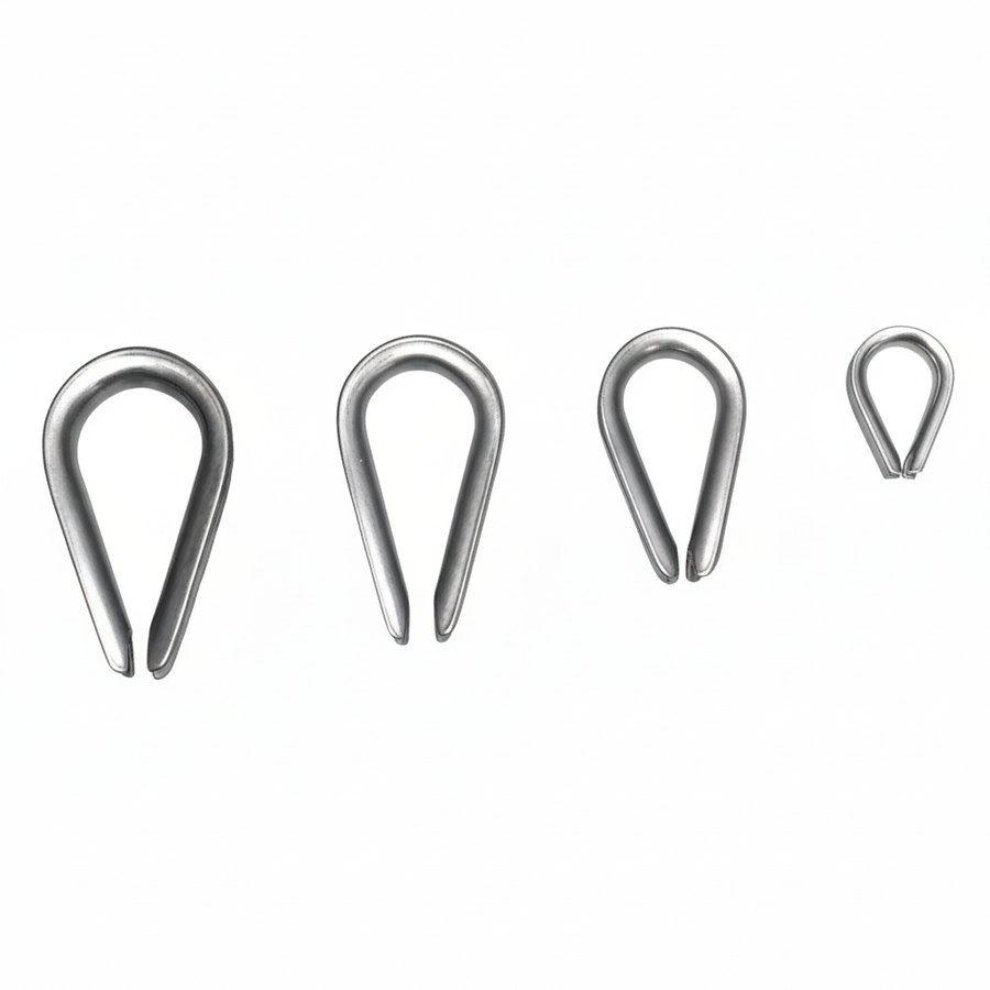 Four stainless steel wire rope thimbles in different sizes on brilliant white background