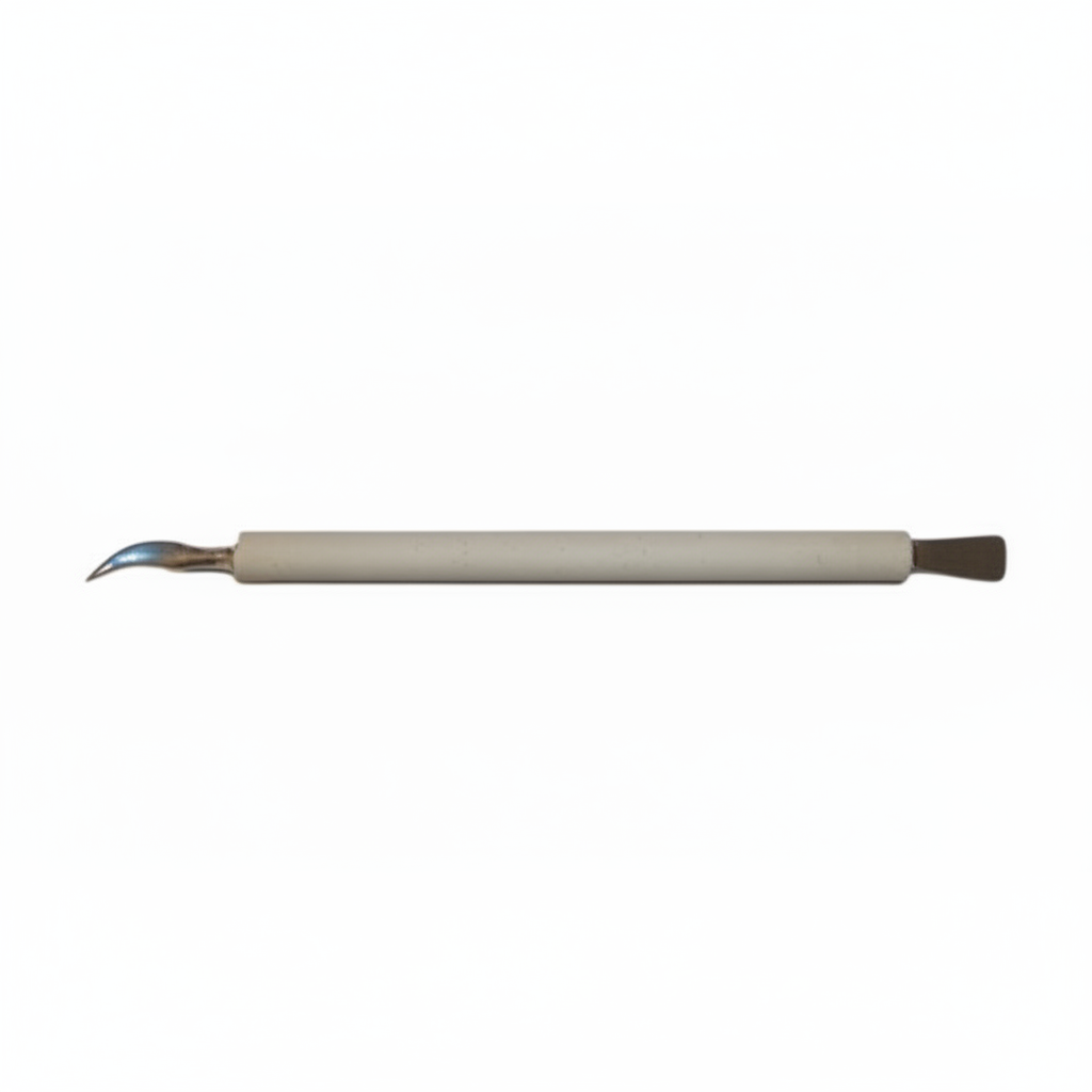Leathercraft modelling tool with pointed and spatula tips on white background