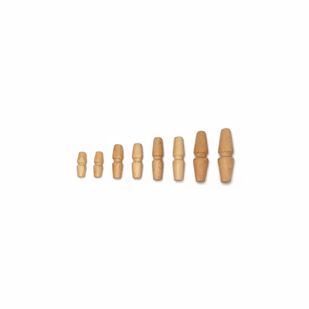 Range of wooden fid toggles in graduating sizes on white background