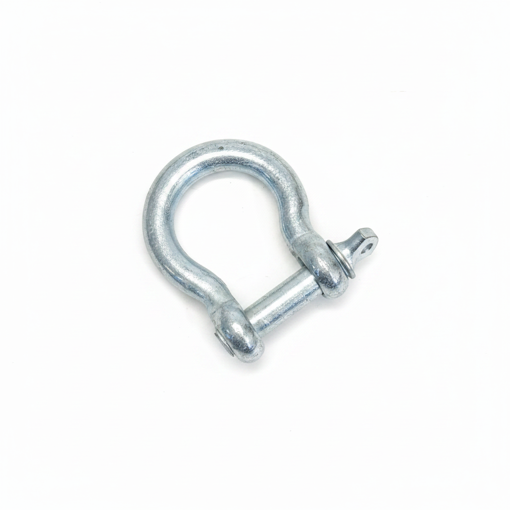 Single galvanised steel bow shackle with screw pin on brilliant white background