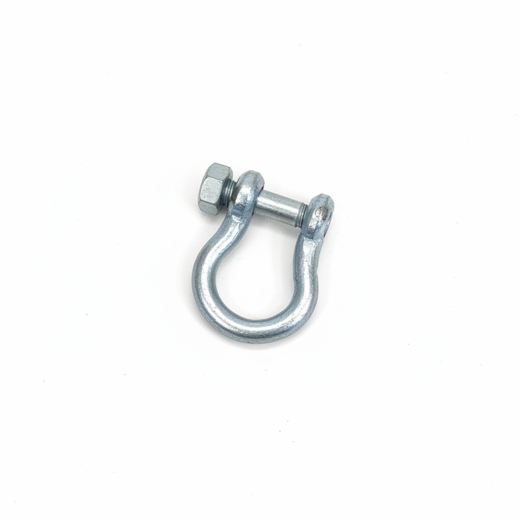 Small galvanised steel bow shackle with hex nut screw pin on brilliant white background