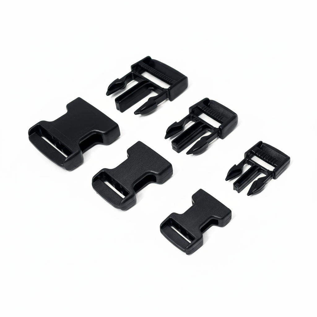Black side release buckle socket and plug components three sizes on brilliant white background