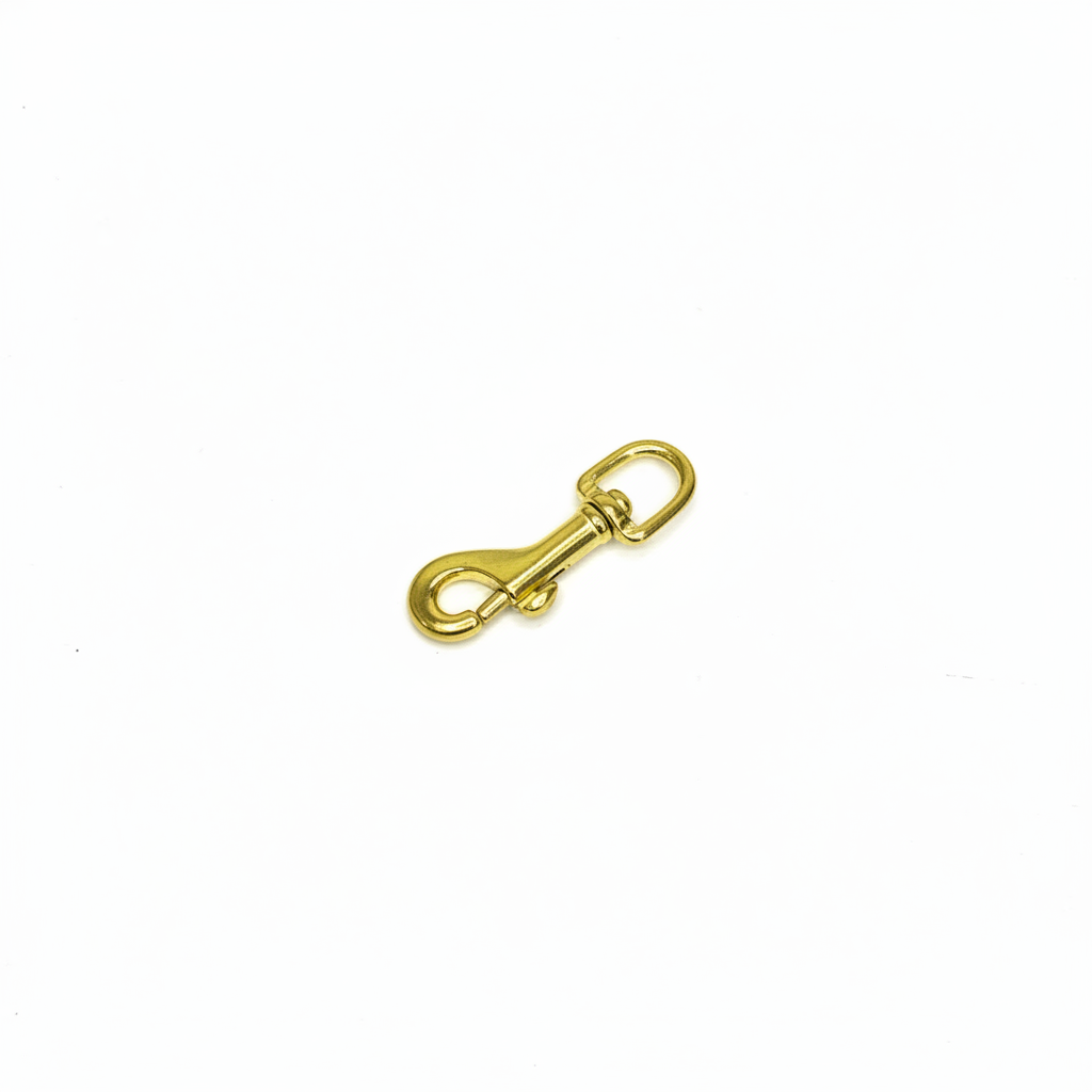 Brass swivel snap hook on brilliant white background