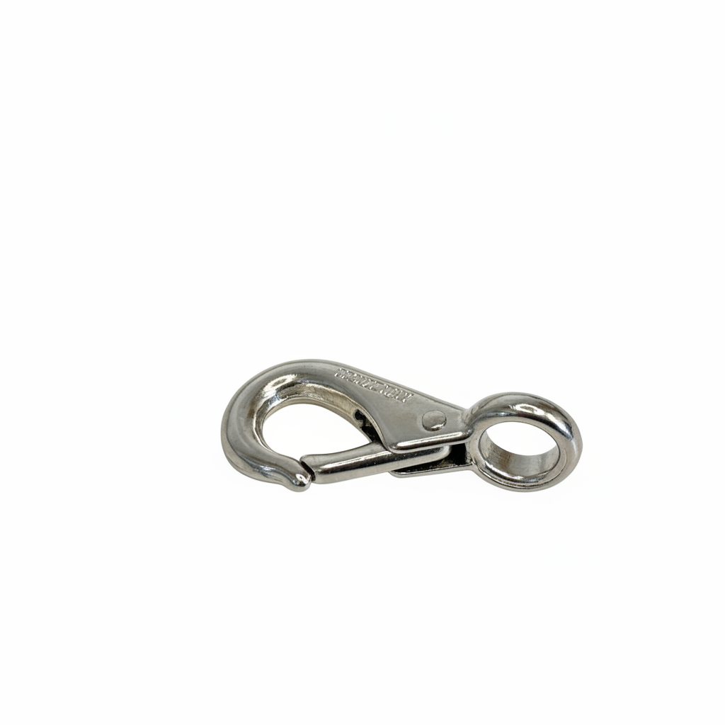 Single small stainless steel fixed eye snap hook on brilliant white background