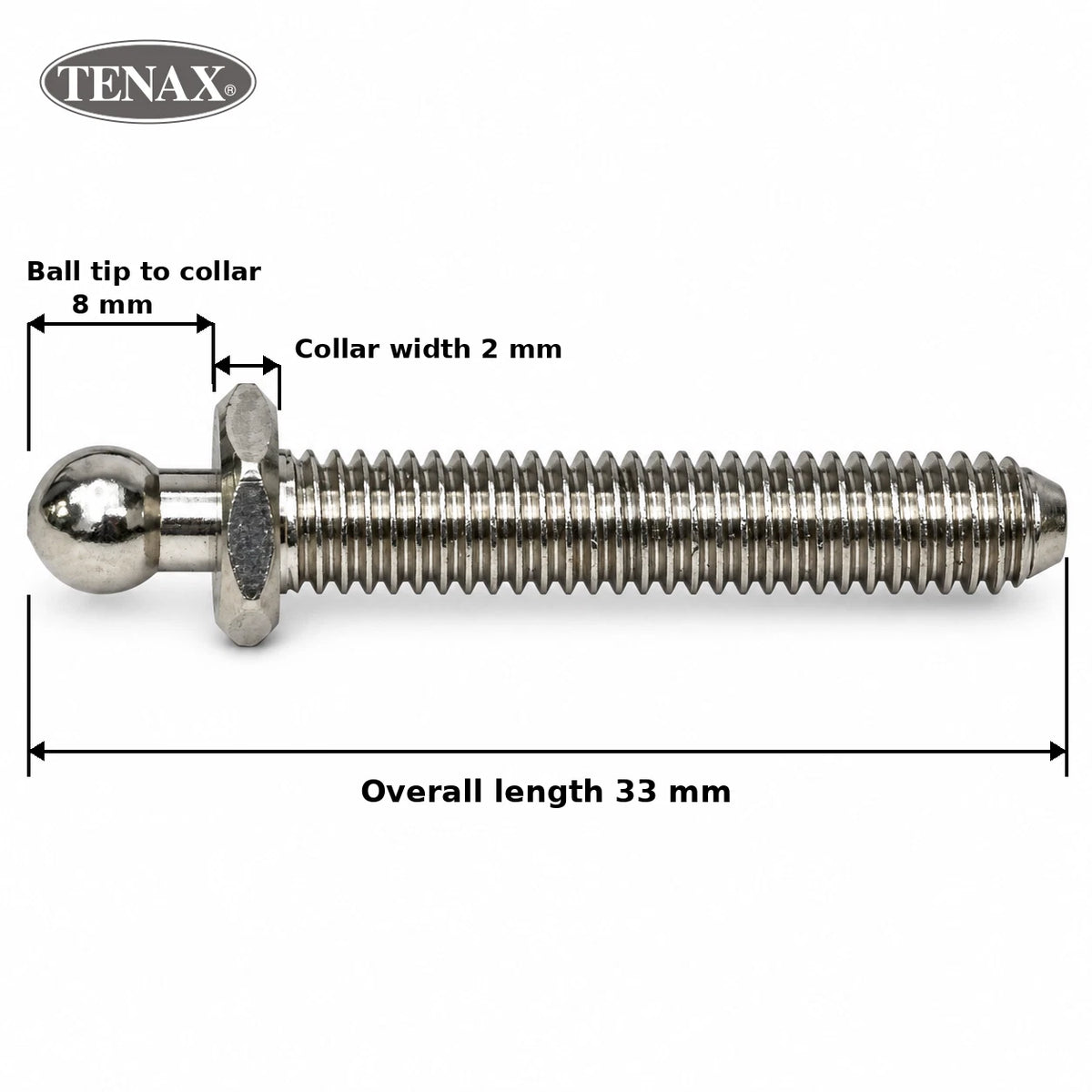 TENAX® Threaded Ball Stud – Nickel-Plated Brass, 24mm Overall Length