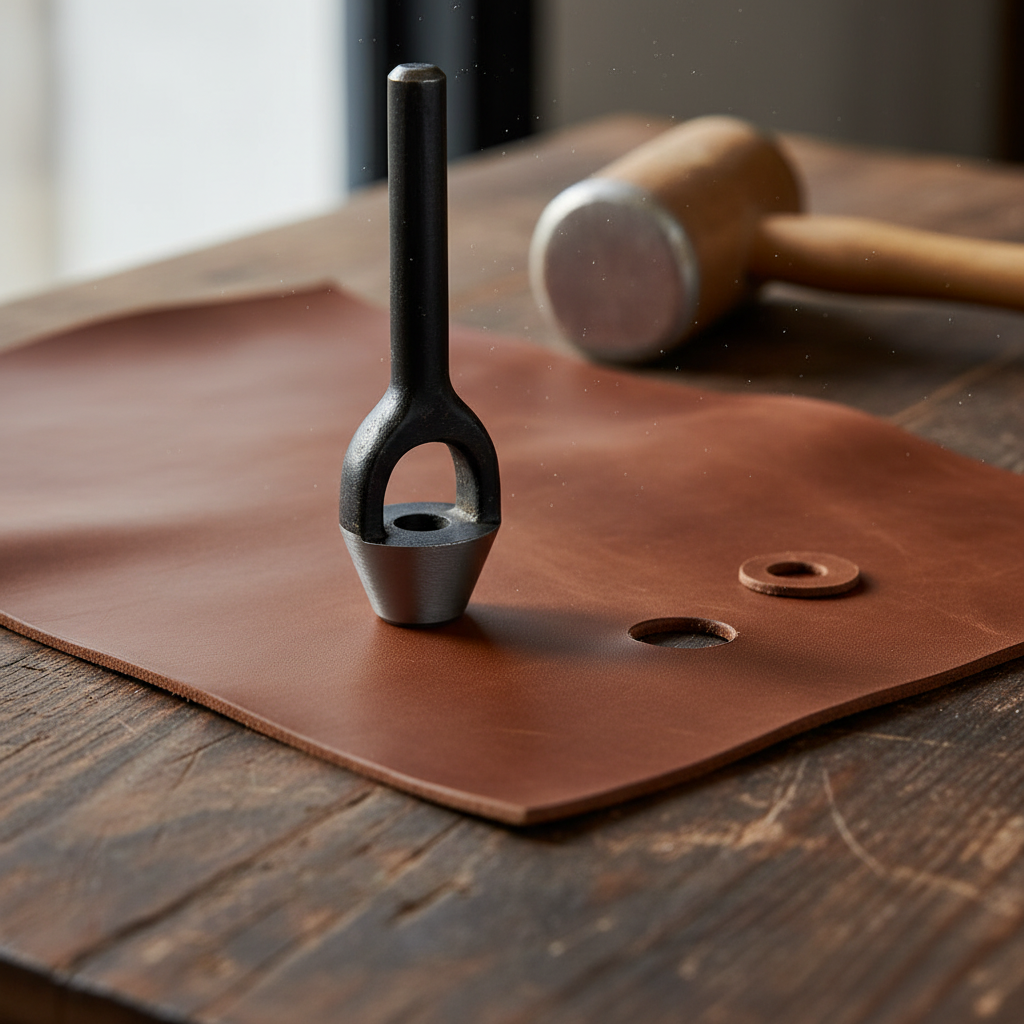 Wad Punch Mockup on Leather Workbench